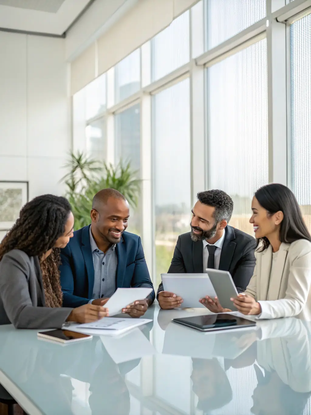 An image of a diverse group of people collaborating around a table, reviewing financial documents and discussing investment strategies, representing collaborative financial planning.