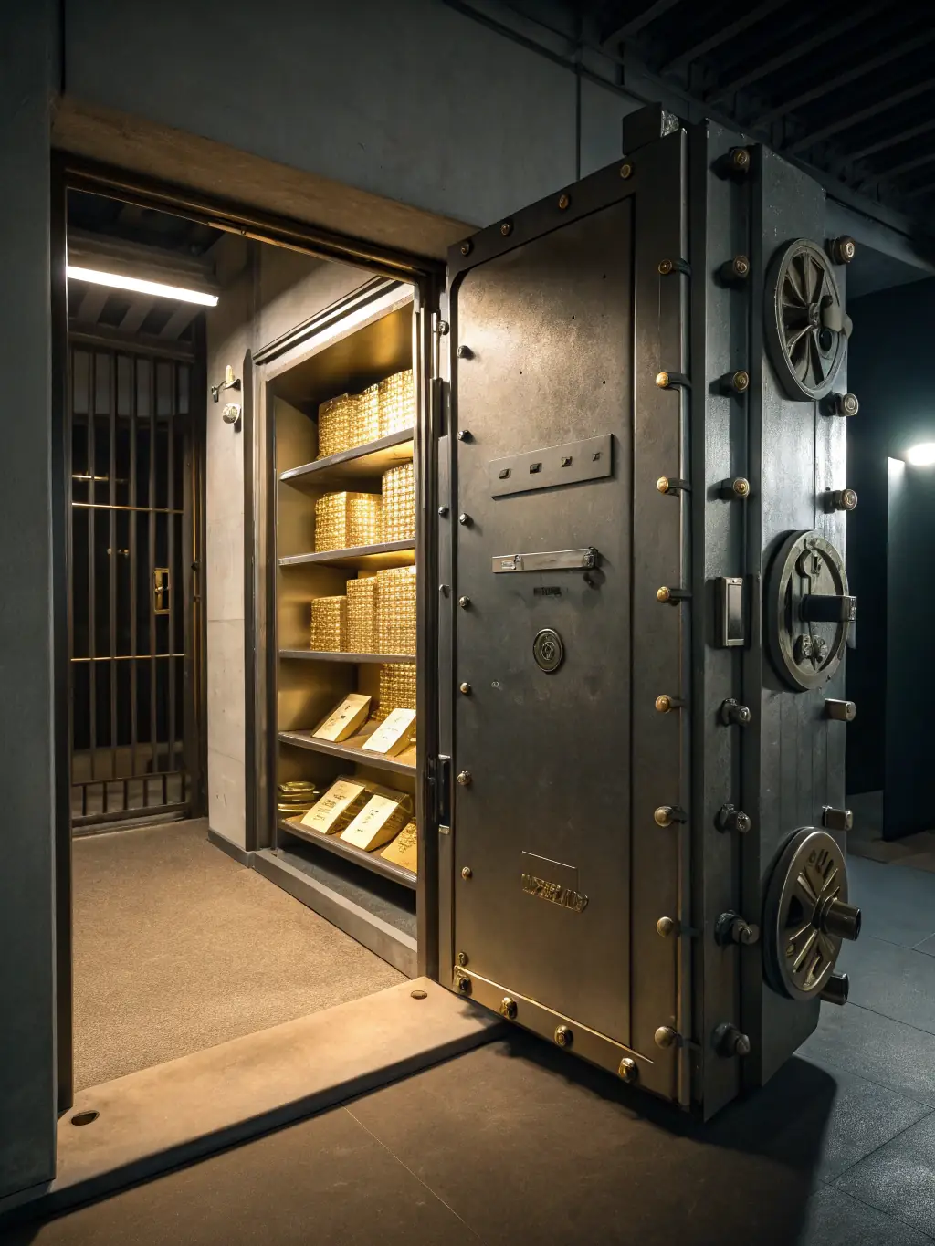A secure vault filled with gold bars and stacks of cash, symbolizing wealth management and asset protection for long-term financial security.